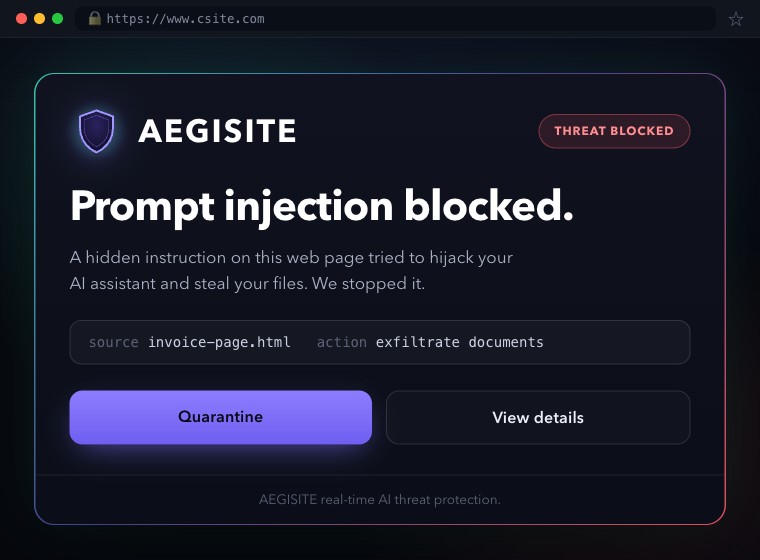 AEGISITE blocking a prompt-injection attempt, showing the flagged instruction